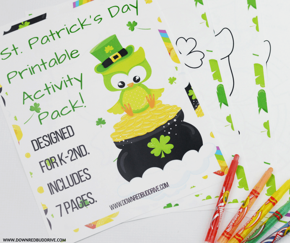 A St. Patricks Day Printable Activity Pack cover featuring a green owl in a leprechaun hat sitting on a pot of gold. The text reads Designed for K-2nd. Includes 7 pages. Colored pencils are nearby.