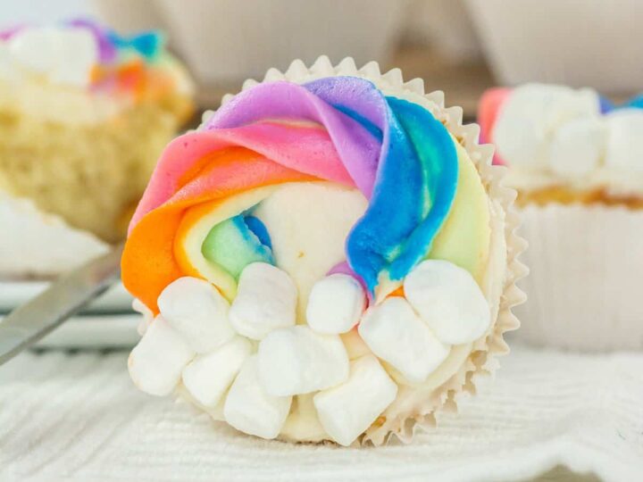 Close-up of a cupcake with vibrant, swirled frosting in pink, orange, purple, and blue, topped with mini marshmallows. The cupcake is placed on a white napkin, with more cupcakes blurred in the background.