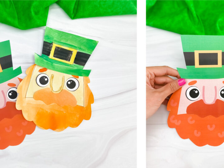 Two paper crafts depicting cartoon leprechaun faces with big eyes, bushy beards, and green hats with black bands and gold buckles. One has an orange beard, and the other has a yellow beard. Theyre on a white surface.