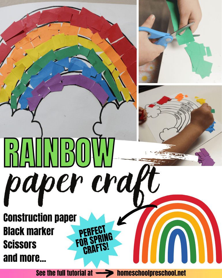 A collage showing a rainbow paper craft project. Part of the collage displays a hand cutting green paper. Another part shows a hand gluing paper pieces onto a rainbow outline. Text reads: Rainbow paper craft and Perfect for spring crafts!.