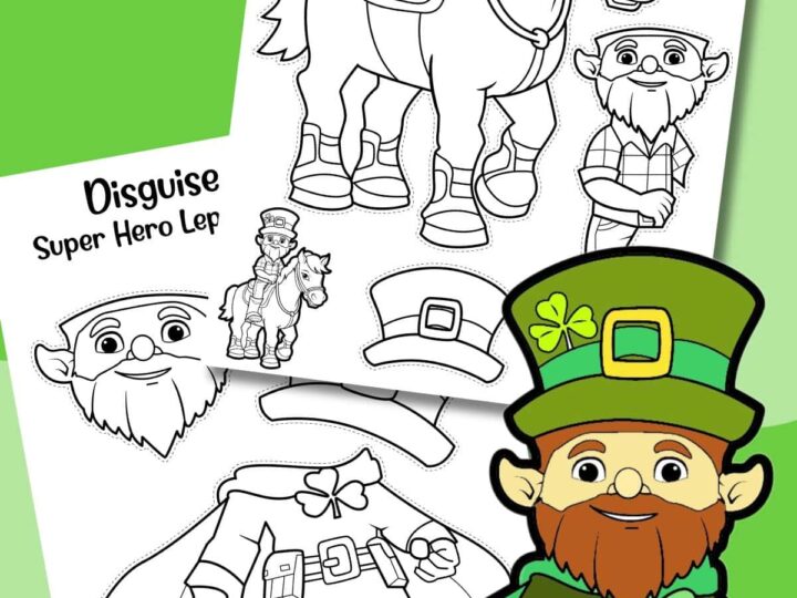 Coloring sheets featuring a leprechaun with different disguises. One is a cowboy with a horse. Another is a superhero with a cape and mask. A colored leprechaun is displayed in green attire, hat, and cape. Website text at the bottom.