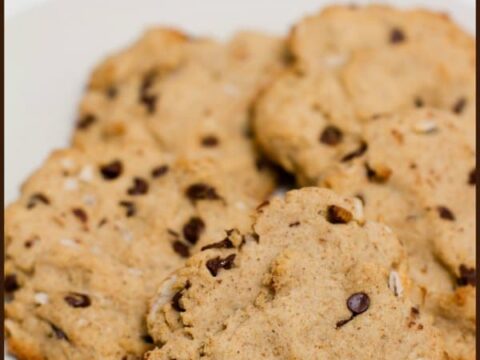 A plate with several gluten-free cookies containing coconut and chocolate chips. The text Gluten-Free Coconut, Chocolate Chip Cookies is displayed at the top, and 5 Minutes for Mom is at the bottom.