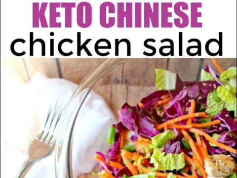 A collage of two images showing keto Chinese chicken salad. The top image displays a bowl with chicken, purple cabbage, carrots, and greens on a wooden surface. Below, a larger glass bowl contains similar ingredients, with chopsticks on the side.