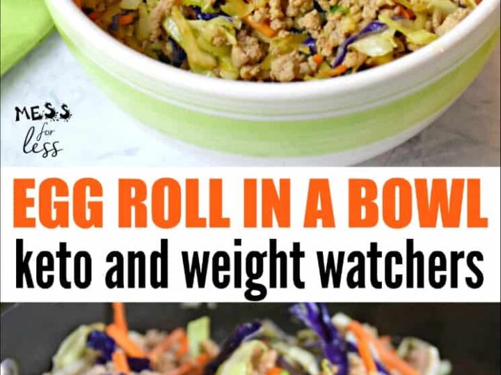 Bowl and skillet with egg roll ingredients: ground meat, shredded cabbage, and carrots. Text: Egg Roll in a Bowl, keto and weight watchers.