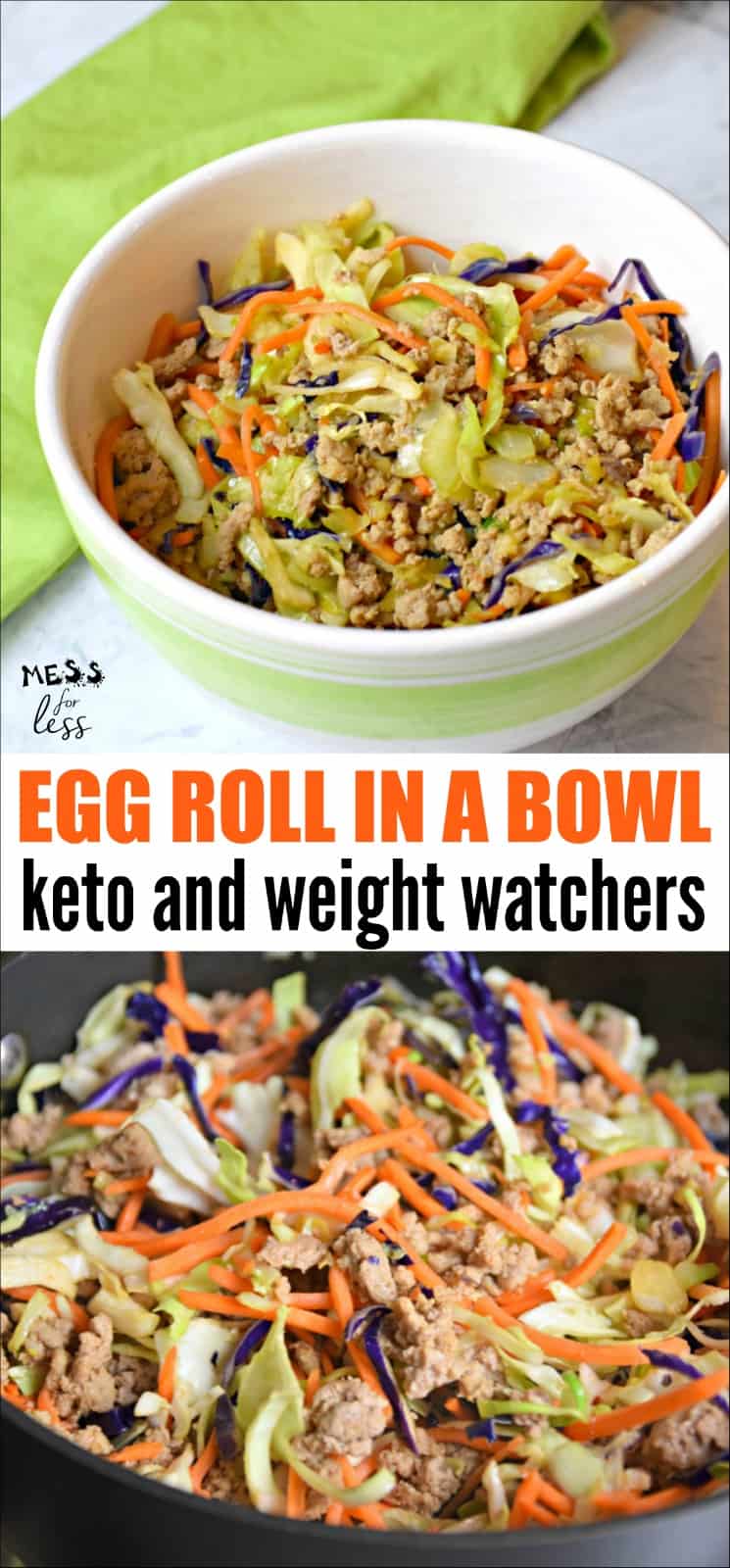 Bowl and skillet with egg roll ingredients: ground meat, shredded cabbage, and carrots. Text: Egg Roll in a Bowl, keto and weight watchers.