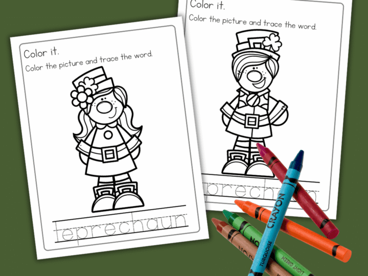 Two coloring pages featuring cartoon leprechauns with words to trace: leprechaun. A pile of crayons, including green, orange, blue, and red, is in the corner. The background is dark green.