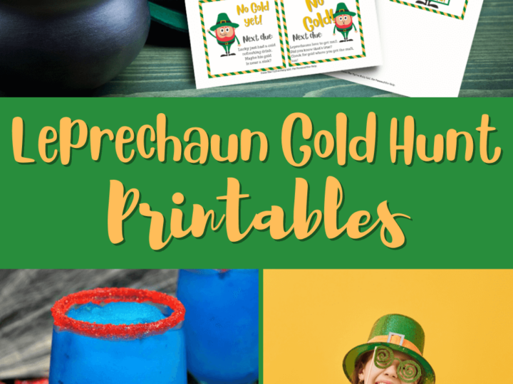 A whimsical collage includes Leprechaun Gold Hunt printables, a pot brimming with gold coins, a festive blue drink with a red sugar rim, and a beaming child in a green hat and shamrock shirt giving a thumbs up. Perfect for preschool fun, the Leprechaun Gold Hunt Printables text stands out boldly.