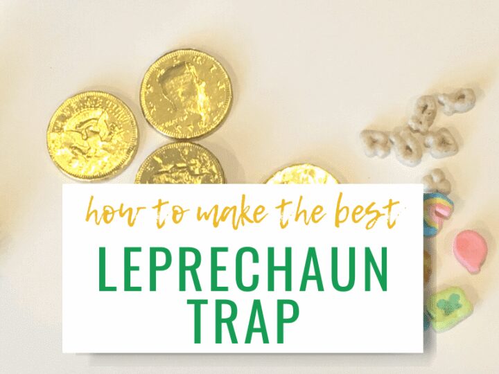 A white surface with gold coins, green pom-poms, and colorful marshmallow cereal. Text overlay reads, how to make the best Leprechaun Trap.
