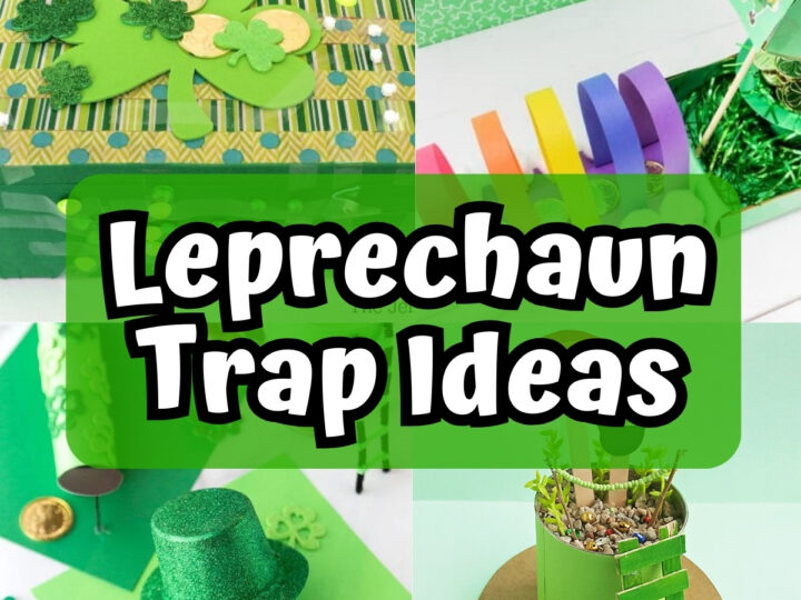 Collage of four colorful leprechaun trap crafts featuring rainbows, shamrocks, and gold coins. Text in the center reads Leprechaun Trap Ideas on a green background.