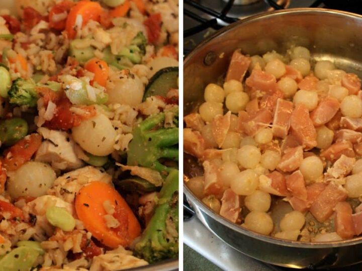 Left image: Colorful vegetable and rice stir-fry with carrots, broccoli, zucchini, and small onions. Right image: Cooking pot with diced bacon and pearl onions being sautéed, stirred with a wooden spoon.