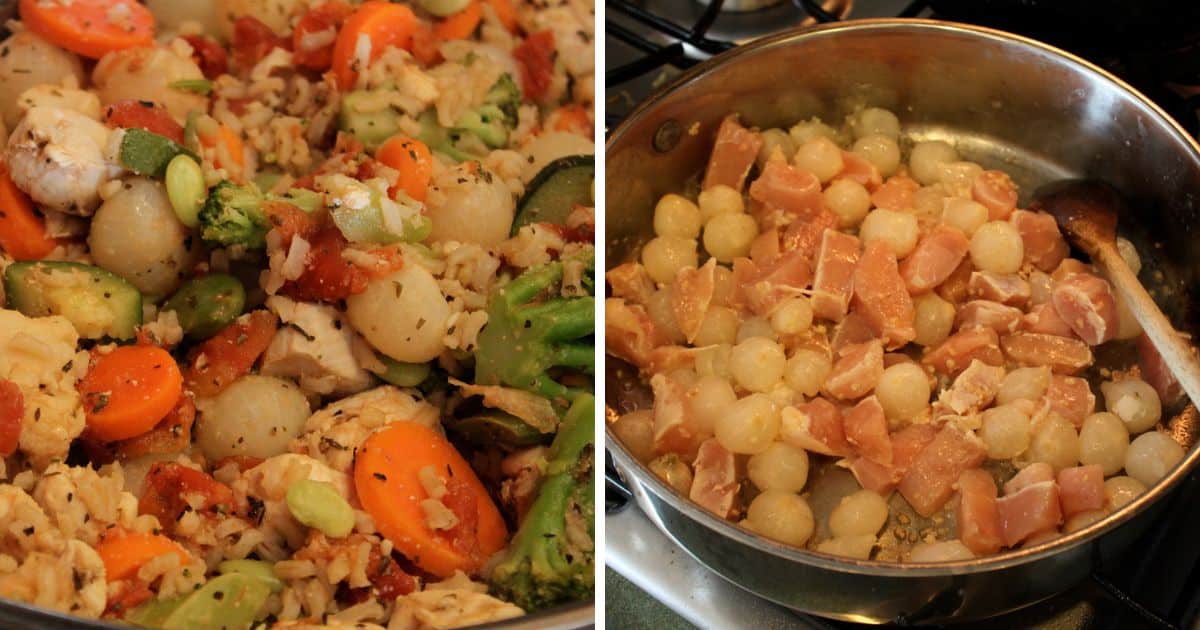 Left image: Colorful vegetable and rice stir-fry with carrots, broccoli, zucchini, and small onions. Right image: Cooking pot with diced bacon and pearl onions being sautéed, stirred with a wooden spoon.