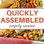 A Picnic Charcuterie Board features assorted cheeses, meats, crackers, fruits, nuts, and olives with a caption reading QUICKLY ASSEMBLED perfectly savored. Below, a slice of bread topped with tomatoes and prosciutto completes the delightful ensemble.