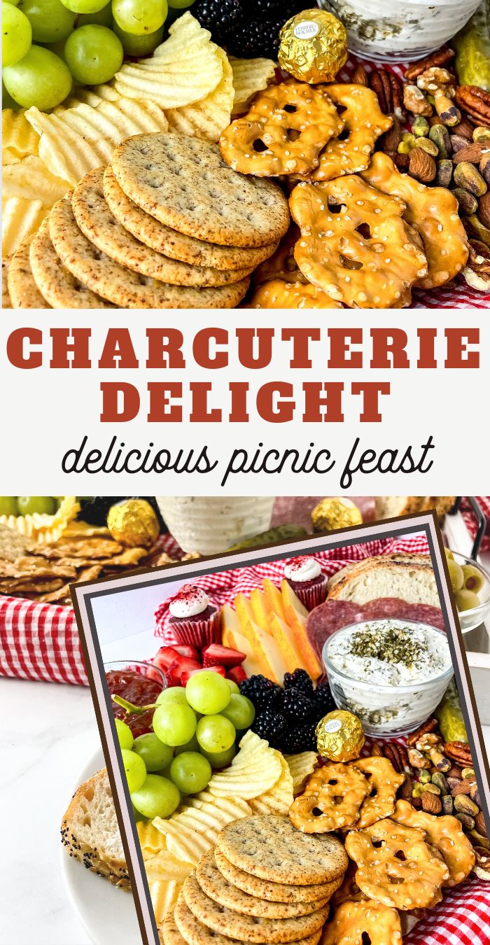 A charcuterie board brimming with crackers, pretzels, grapes, dip, nuts, and chocolates. Text reads Picnic Charcuterie Delight: delicious feast in bold font. A smaller image of the board appears in the foreground.