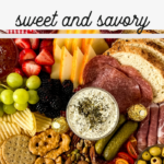 An assorted picnic charcuterie board with grapes, strawberries, blackberries, cheese slices, salami, bread, crackers, pretzels, dip, pickles, and cherry tomatoes arranged on a red checkered cloth. Text reads Party Platter: Sweet and Savory.