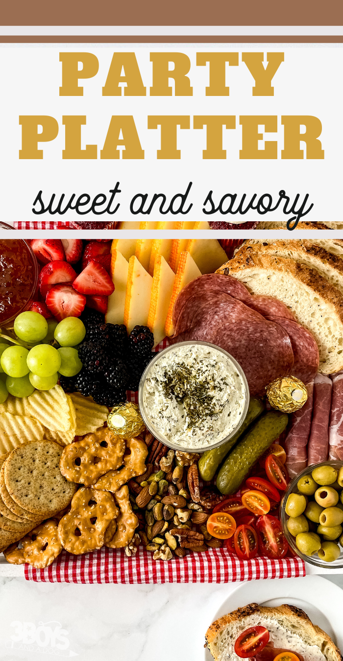 An assorted picnic charcuterie board with grapes, strawberries, blackberries, cheese slices, salami, bread, crackers, pretzels, dip, pickles, and cherry tomatoes arranged on a red checkered cloth. Text reads Party Platter: Sweet and Savory.