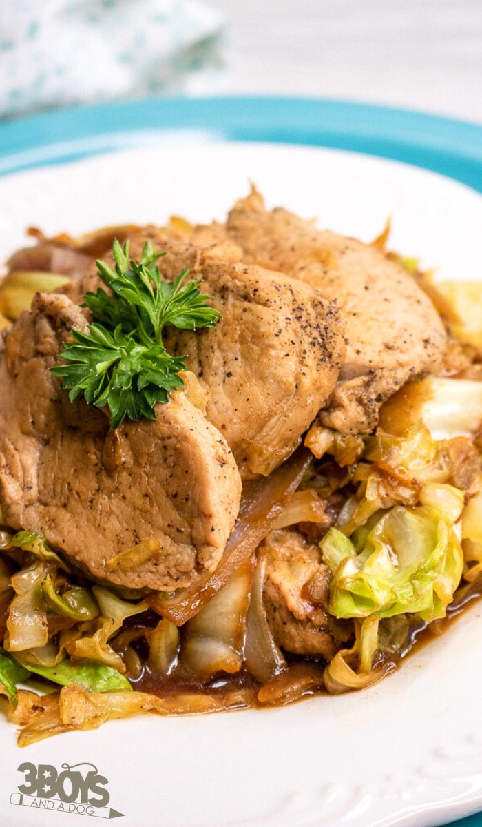 Enjoy a delightful Pork Cabbage Skillet recipe featuring tender sliced pork chops on a bed of sautéed cabbage and onions, garnished with fresh parsley, all elegantly presented on a white plate.