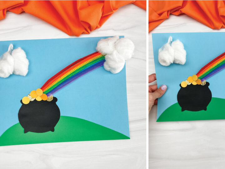 Two images of a craft: a pot with gold at the end of a rainbow on green paper. The rainbow is made of colored strips, and white cotton represents clouds. The background is blue, and an orange cloth is visible above.