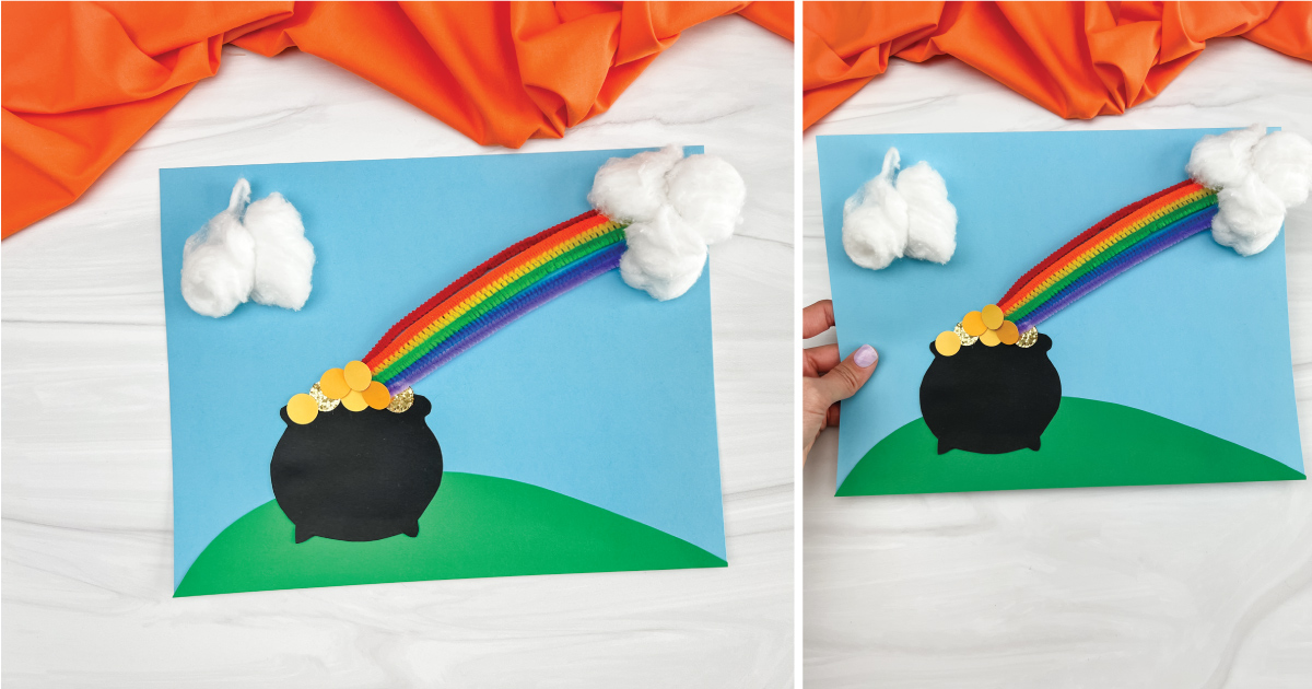Two images of a craft: a pot with gold at the end of a rainbow on green paper. The rainbow is made of colored strips, and white cotton represents clouds. The background is blue, and an orange cloth is visible above.
