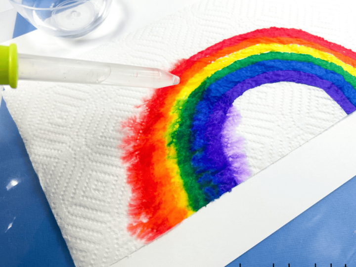 A vibrant rainbow, painted spread on a sheet of paper towel, with a dropper nearby. The rainbows colors blend slightly, and a clear plastic cup sits in the top left corner. The scene suggests a fun, creative art activity.