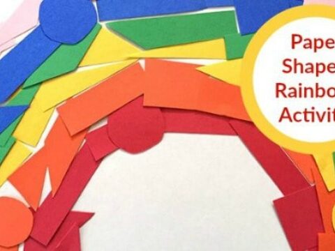 A colorful rainbow made of paper shapes, including circles, rectangles, triangles, and squares, arranged in layers from red to blue. A circular label reads Paper Shapes Rainbow Activity in the top right corner.