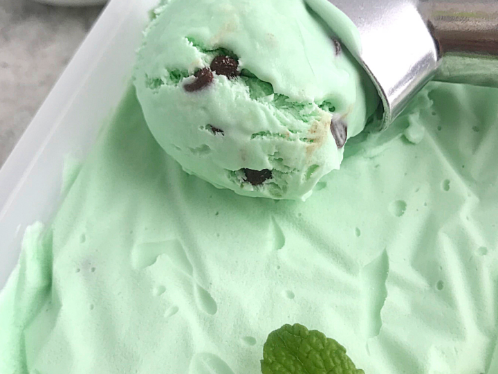A tray of mint chocolate chip ice cream with a metal scoop resting on top. The ice cream is a light green shade with visible chocolate chips. A fresh mint leaf decorates the corner. A small bowl with additional chocolate chips is in the background.