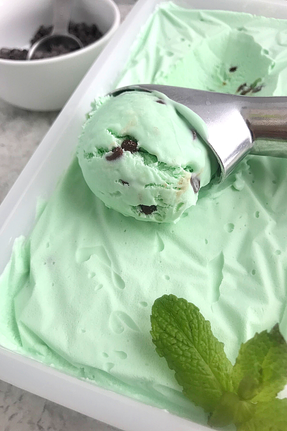 A tray of mint chocolate chip ice cream with a metal scoop resting on top. The ice cream is a light green shade with visible chocolate chips. A fresh mint leaf decorates the corner. A small bowl with additional chocolate chips is in the background.