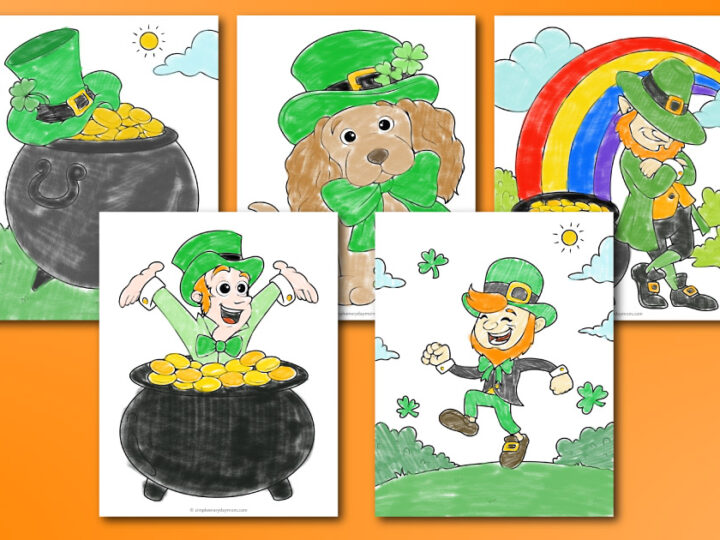 Five colorful illustrations of leprechauns and a dog celebrating St. Patricks Day. Each features green attire, pots of gold, shamrocks, a rainbow, and sunny skies, all set against an orange background.
