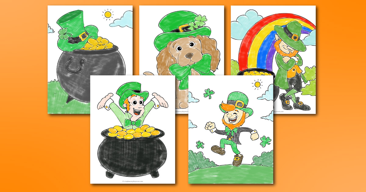 Five colorful illustrations of leprechauns and a dog celebrating St. Patricks Day. Each features green attire, pots of gold, shamrocks, a rainbow, and sunny skies, all set against an orange background.