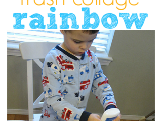 A child wearing pajamas is creating a rainbow collage using various colorful materials like paper, bottle caps, and other recycled items on a table. The words trash collage rainbow are displayed above the artwork.