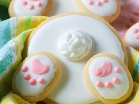 A cookie designed to look like a bunnys back, with white icing and a fluffy tail. The bunnys feet are detailed with pink paw prints. Resting on a colorful striped cloth.
