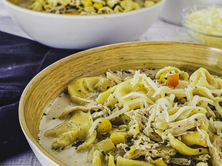 Two bowls of creamy chicken tortellini soup garnished with shredded cheese, with visible carrots and herbs. A black napkin and a small bowl of extra cheese are on the side. A potted plant decorates the background.