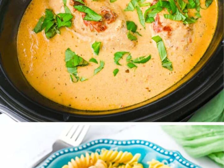 Two images depict Marry Me Chicken. The top shows chicken with creamy sauce and herbs in a Crockpot. The bottom displays the cooked dish served over rotini pasta on a blue plate. Text reads Crockpot Marry Me Chicken and messforless.net.