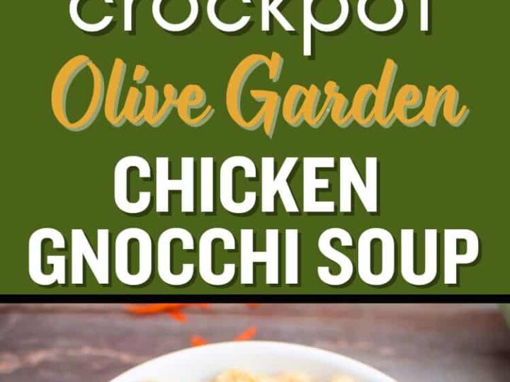 A spoonful of creamy chicken gnocchi soup with herbs is shown above a bowl of the same soup. The text reads, Crockpot Olive Garden Chicken Gnocchi Soup. Website URL is messforless.net.