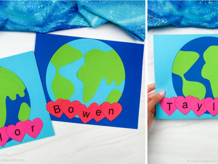 Two handmade Earth crafts on colorful paper. Each Earth is decorated with green landmasses on blue oceans. Pink heart shapes line the bottom, bearing the names Taylor and Bowen. A cosmic-themed fabric is partially visible in the background.