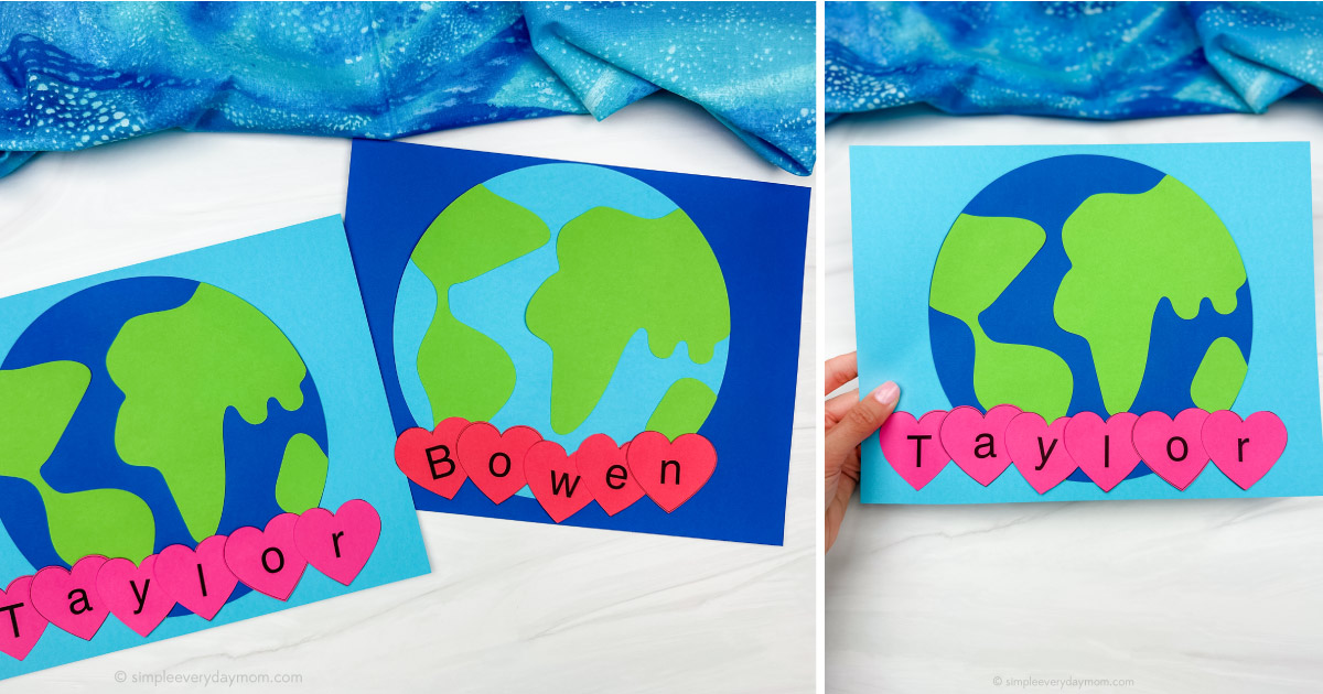 Two handmade Earth crafts on colorful paper. Each Earth is decorated with green landmasses on blue oceans. Pink heart shapes line the bottom, bearing the names Taylor and Bowen. A cosmic-themed fabric is partially visible in the background.