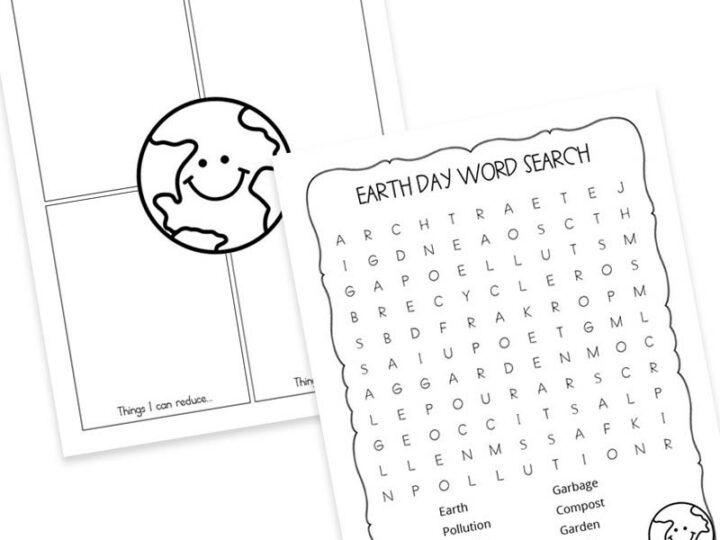 Two Earth Day activities: one is a word search with words like Earth, Recycle, and Plastic. The other activity has four sections labeled Things I can do to help the Earth, Recycle, and Reduce, featuring a smiling Earth illustration.