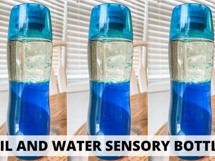 A clear plastic sensory bottle filled with blue water and clear oil, creating distinct layers. Perfect for sensory ideas, the bottle rests on a wooden surface against a white background. Text at the bottom reads OIL AND WATER SENSORY BOTTLE.