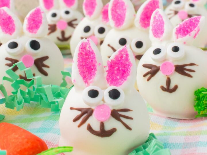Cute bunny-themed cake pops decorated with pink sugar ears, candy eyes, and chocolate whiskers. They sit on a colorful plaid cloth, surrounded by green shredded paper and a small fake carrot.