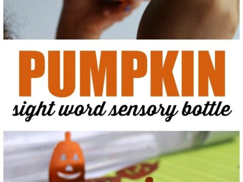 Hands creating a pumpkin-themed sensory bottle. Below, cutouts of pumpkin shapes with words written on them are placed next to a white marker. Text reads: PUMPKIN sight word sensory bottle.