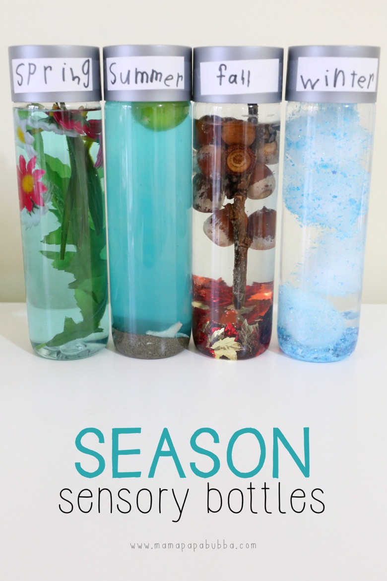 Four clear sensory bottles labeled Spring, Summer, Fall, and Winter. Each bottle contains elements representing the season: flowers for spring, sand for summer, acorns and leaves for fall, and snow-like material for winter.