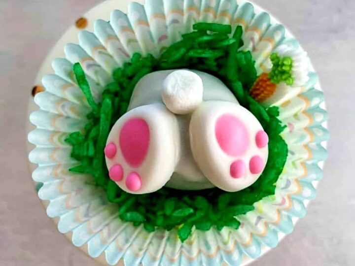 Cupcake decorated to resemble a bunny burrowing into grass, showing its feet and tail. The bunny has pink paw pads, and there are green edible decorations resembling grass with a small carrot on the side.