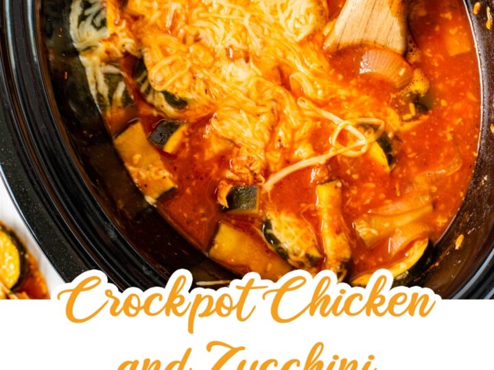 A crockpot filled with chicken, zucchini, and marinara sauce topped with melted cheese. A wooden spoon is in the pot. Below the image, ingredients listed include boneless chicken, onion, garlic, Italian seasoning, salt, pepper, zucchini, and Parmesan.