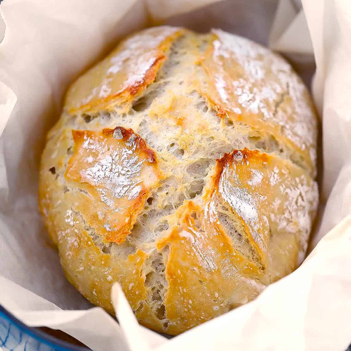 A freshly baked round loaf of bread with a golden, crusty top sits on parchment paper. The bread has a rustic look with a few cracks on the surface, revealing a soft, airy interior.