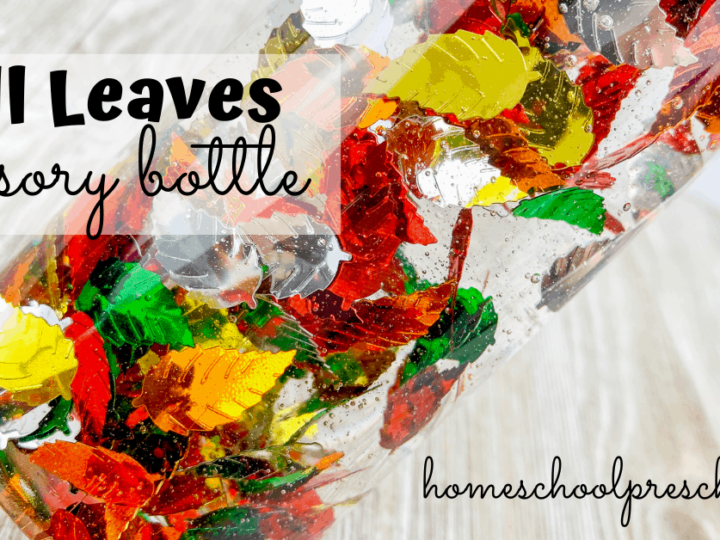A fall-themed sensory bottle filled with colorful leaves in red, green, yellow, and orange. The bottle is titled Fall Leaves sensory bottle, with homeschoolpreschool.net written below. The bottle lies on a wooden surface.