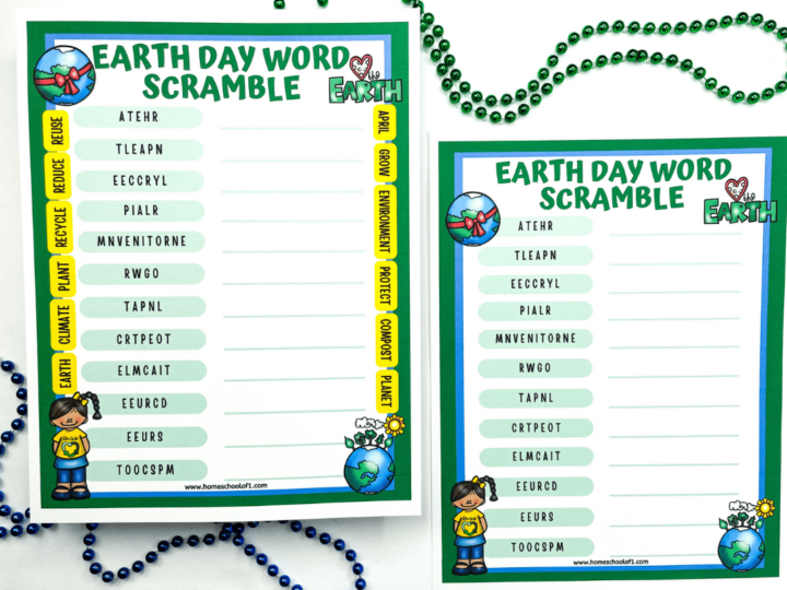 Two Earth Day-themed word scramble sheets are displayed on a white surface with green and blue beads. Both sheets include scrambled words like ATER and ECCCYL related to environmental themes, featuring an illustration of a child next to a globe.