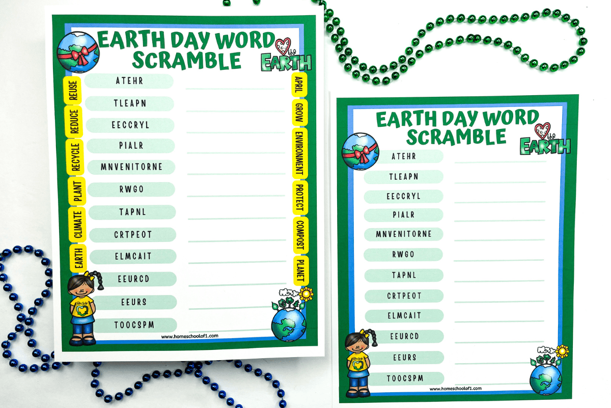 Two Earth Day-themed word scramble sheets are displayed on a white surface with green and blue beads. Both sheets include scrambled words like ATER and ECCCYL related to environmental themes, featuring an illustration of a child next to a globe.