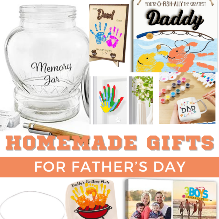 A collage of homemade Father’s Day gift ideas—memory jar, handprint art, painted photo frame, grilling plate, family photo, and kids’ craft kit—with the text “Unique Gifts for Dad: Homemade Gifts For Father’s Day.”.