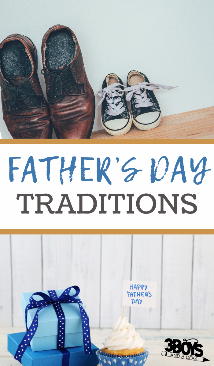 Two pairs of shoes, one large and one small, are placed side by side. Below, Father’s Day traditions is written. At the bottom, blue gift boxes, a cupcake with a Happy Fathers Day topper, and a logo suggest fun Father’s Day activities.
