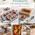 Pinterest-style collage of Pampered Chef products for easy meals, including the Ceramic Egg Cooker, Burger and Slider Press, Rapid Prep Mandoline, Simple Slicer, and Meal Mixes.