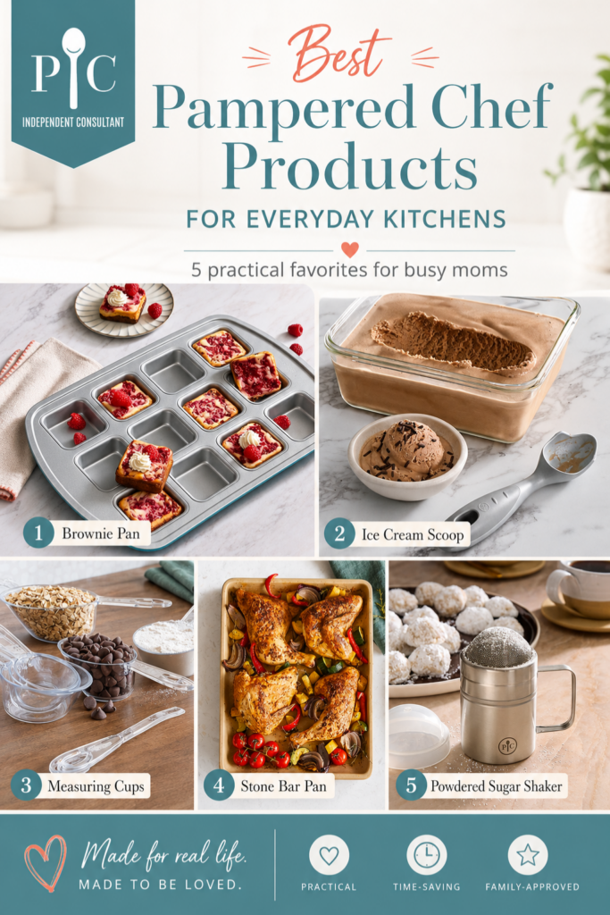 Pinterest-style collage of Pampered Chef products for easy meals, including the Ceramic Egg Cooker, Burger and Slider Press, Rapid Prep Mandoline, Simple Slicer, and Meal Mixes.